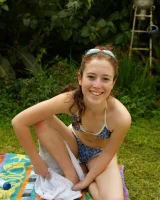 Hot hairy pussy Annabel in bikini in her garden is cooled