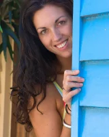 Tall hairy pussy Caitlin in pink bikini going nude at the house entrance