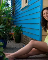 Tall hairy pussy Caitlin in pink bikini going nude at the house entrance