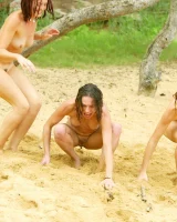 Hairy pussies Lizzie, Morgana and Collette playing on the beach in bikinis and nude in the water