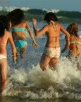 Four girls come to the beach, take off the cloth to stay in bikinis and have fun nude in the water