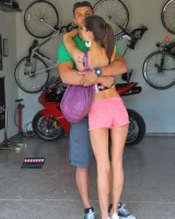 Remarkable Jody in tight black top and pink shorts visits pool in sexy motley bikini