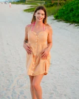 Puffy nipples Leah in sexy pink and yellow bikini and nude on the beach