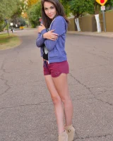 Skinny amateur teen Rachel slowly takes off her clothes and poses in public