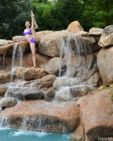 Long-legged amateur babe Tristan poses, strips and masturbates outdoors