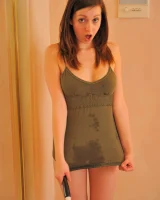 Skinny brunette cutie Victoria unveils her boobs and stretches her cunt