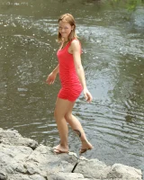 Hairy pussy Billie in bikini at the river