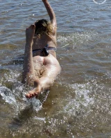 Hairy pussy Gretel in bikini going nude outside in the water to have her nipples puffy