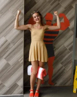 Dubsie Liftoff is on the beach in sexy summer dress, she poses in sexy blue bikini and flashes hairy pussy and erected nipples