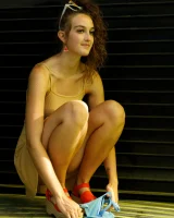 Dubsie Liftoff is on the beach in sexy summer dress, she poses in sexy blue bikini and flashes hairy pussy and erected nipples