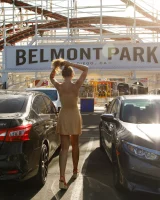 Dubsie Liftoff is on the beach in sexy summer dress, she poses in sexy blue bikini and flashes hairy pussy and erected nipples