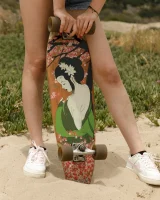 Busty chick Jade Baker is sexy skateboarder in cut tiny jeans shorts and fantastic baby in black bikini on the beach