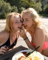Young beach bikini blonde goddesses Rune Kimele and Bernie Svintis