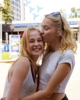 Two young sexy blonde hotties Rune Kimele and Bernie Svintis are walking in the city and changing in bikini in the forest
