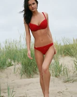 Brunette chick in red bikini goes nude on the beach