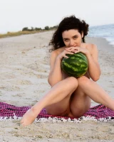 Pretty brunette teen is on the beach in grey bikini with watermelon, she strips her remarkable perfect puffy nipples body