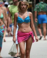 Candid girls in bikini walking on the beach