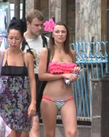 Real candid girls in bikinis walking on the streets