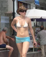 Real candid girls in bikinis walking on the streets