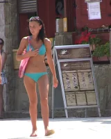Real candid girls in bikinis walking on the streets