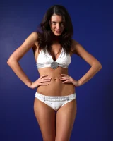 Puffy nipples sexy brunette in white bikini and cameltoe