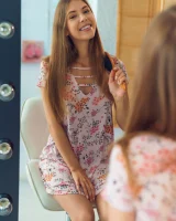 Fairy tests dark blue bikini on her brilliant body