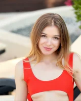 Blissful petite chick in red swimsuit