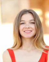 Blissful petite chick in red swimsuit