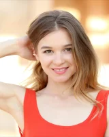 Blissful petite chick in red swimsuit