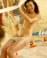 Indoor beach volleyball player in sexy bikini undresses to show perfect slim nude body with puffy nipples