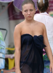 Beautiful hot young goddesses walking in bikini